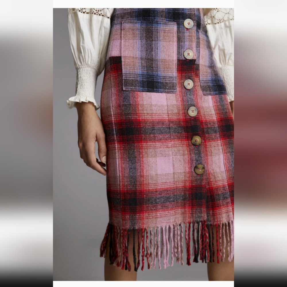 Plaid Fringe Button-Front Women’s Skirt in Pink and Red
